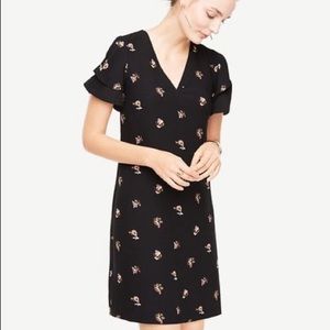 Ann Taylor Black Floral Ruffle Sleeve Dress - 10
